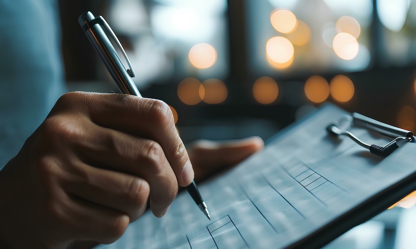 A man holding a checklist file in his hand and checking it with a pen to tick correct sign mark in checkbox for quality document control checklist. generative AI Travel Care Diversed Healthcare