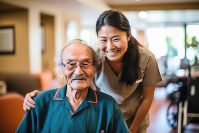 Happy and smiling senior man in a nursing home with his caregiver Travel Care Diversed Healthcare