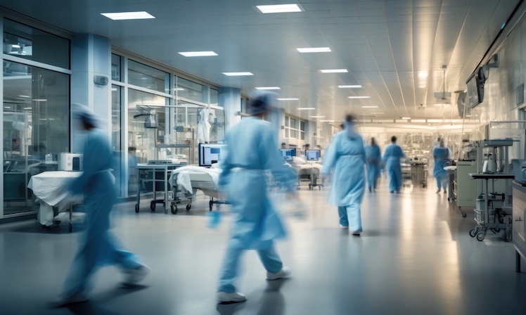 Busy hospital corridor with moving staff TravelCare Nurses<br />
Staffing Solutions